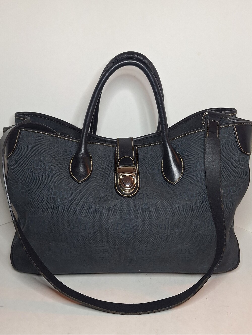 Dooney & Bourke Signature Double Top Handle Satchel Bag DB Monogram Navy Black